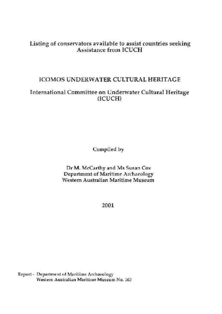 Listing of conservators available to assist countries seeking assistance  from ICUCH-ICOMOS Underwater Cultural Heritage International Committee on Underwater  Cultural Heritage (ICUCH) | Maritime Archaeology Databases