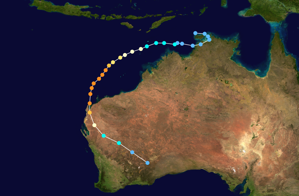 Map of western Australia, showing the path of Cyclone Vance. So much destruction.