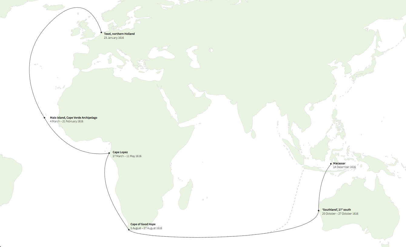 1616 journey of the Eendracht Hartog's Journey plotted on a map