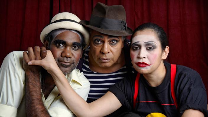 The cast ready to perform The Yirra Yaakin cast in full make up ready to perform