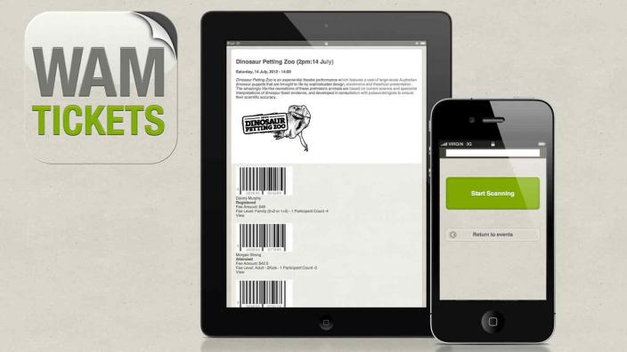 Devices running the WAM Ticket system WAM Tickets iPad and iPhone interface and logo