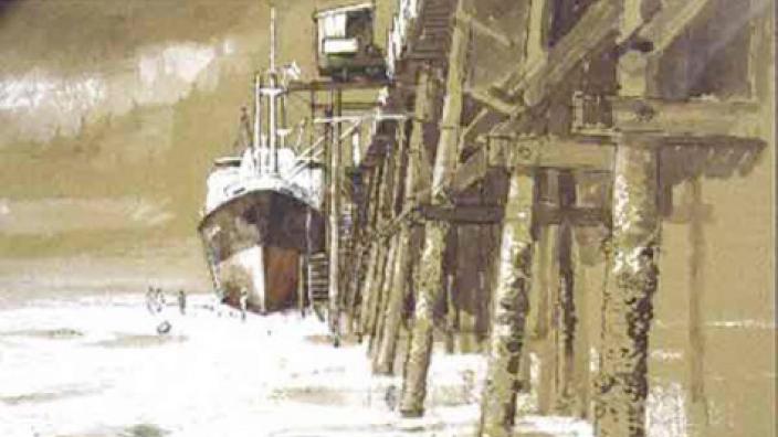 Frank Norton Artwork - Photo from WA Museum A large ship moored at a pier