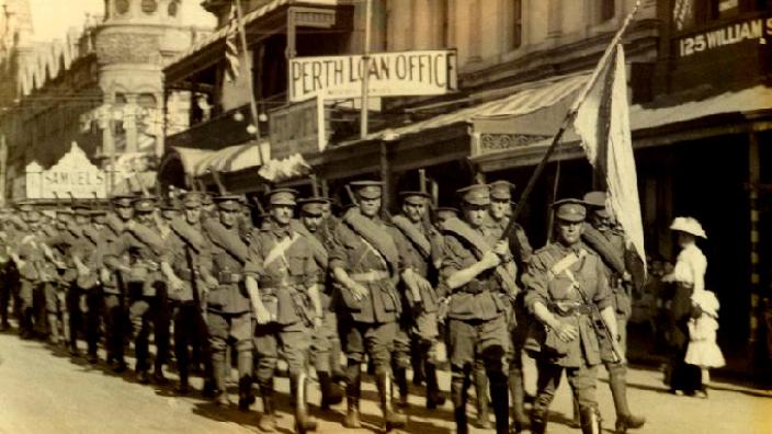 6 Tunnelling Company marching through Perth to board their ship, June 1916 - Image courtesy Royal Australian Engineers Association Archive A group of soldiers marching through Perth in World War One