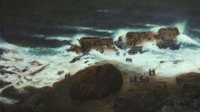 An impression of the Zuytdorp ashore - Artwork by Stanley Hewitt An artists depiction of the wrecking of the Zuytdorp ship