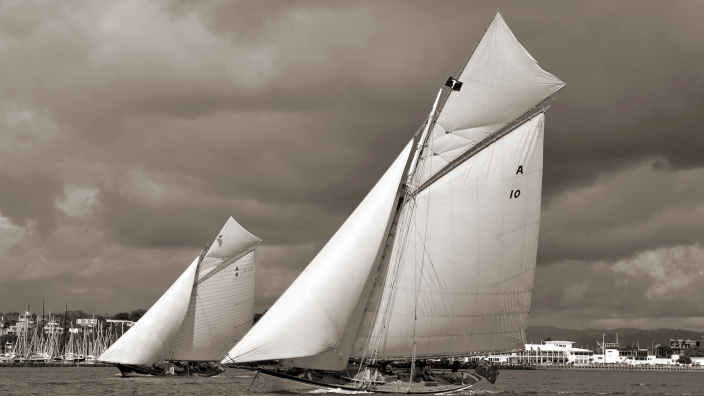A photo by Pete LeScelle A sepia photo of two yachts