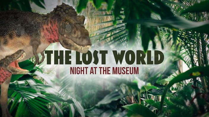 The Lost World: Night at the Museum A ferocious dinosaur venturing through leafy and wild flora.