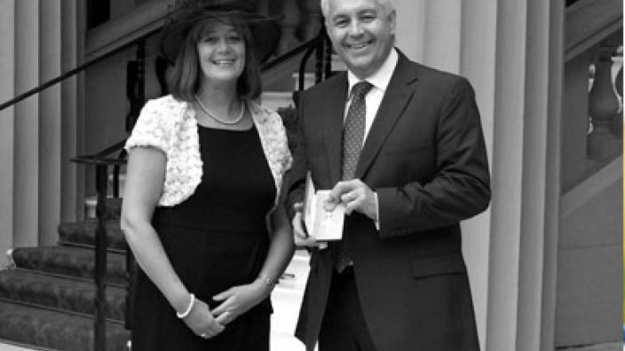 Western Australian Museum chief executive officer Alec Coles with wife Nicola in London after he was awarded an OBE.  