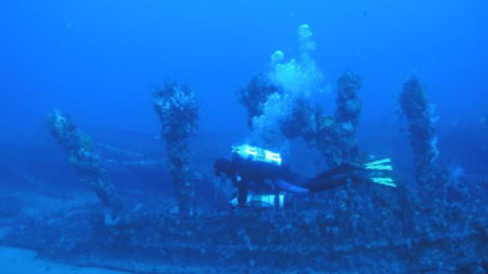 Site 6 of the Rottnest deepwater graveyard - Image copyright of WA Museum A diver inspecting the wreck of a shipwreck