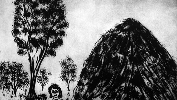 I thought he was dead, 2001 by Laurel Nannup. Etching, ink on paper.