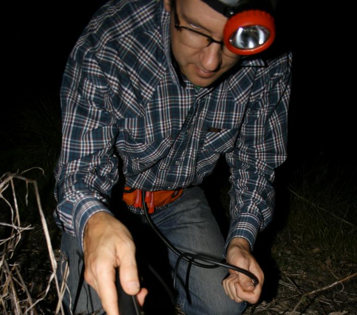 Paul Doughty recording a frog