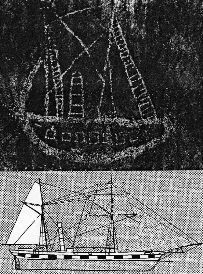 The Walga Rock painting and the archaeologist's impression of SS Xantho compared. Comparison between the rock art and artist's impression of the Xantho ship