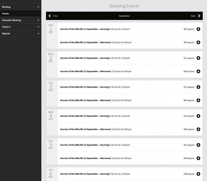 POS Booking POS booking user interface showing events and availability