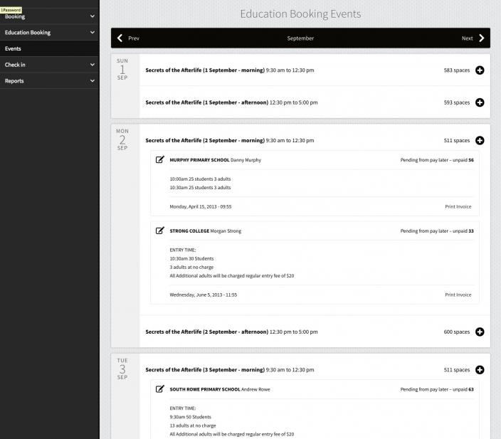 EDU Booking Education booking user interface showing events and booked schools