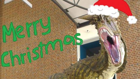 Christmasaurus - Image copyright WA Museum A Christmas hat and mistletoe masterfully painted on to the Museum's Carnosaurus