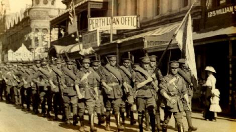 A group of soldiers marching through Perth in World War One