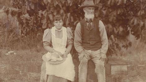 David Young at Marbellup Farm. c. 1880. - Albany History Collection David Young and a girl (seated) at Marbellup Farm, Youngs Siding.