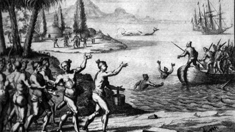 Lithograph showing first European contact in the Caribbean Islands