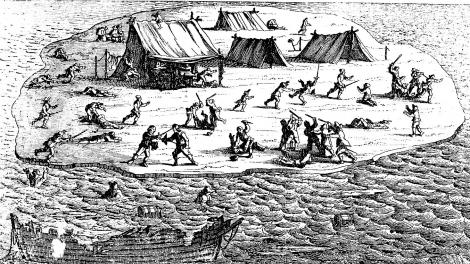 Wood Block Painting of the Batavia and camp