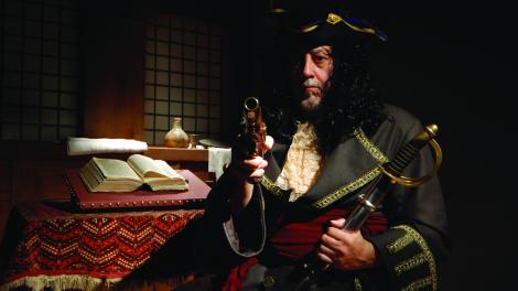 Caption: Shiver Me Timbers! "An illustration of a pirate, aiming a pistol at the viewer."