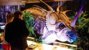 Dinosaur Discovery: Lost Creatures of the Cretaceous - Perth 2014 Two people standing close to each other discussing the large dinosaur stood in front of them.