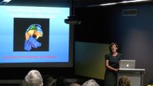 Dr Kate Trinajstic, lecturing in front of a crowd at the WA Museum Dr Kate Trinajstic, Vertebrate Palaeontologist, Curtin University Image copyright WA Museum