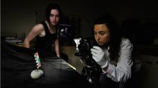 Endeavour Awardee Jenny Craig (right) with volunteer Kate Robertson in the Shipwreck Galleries darkroom Image copyright of WA Museum Photo by Pat Baker