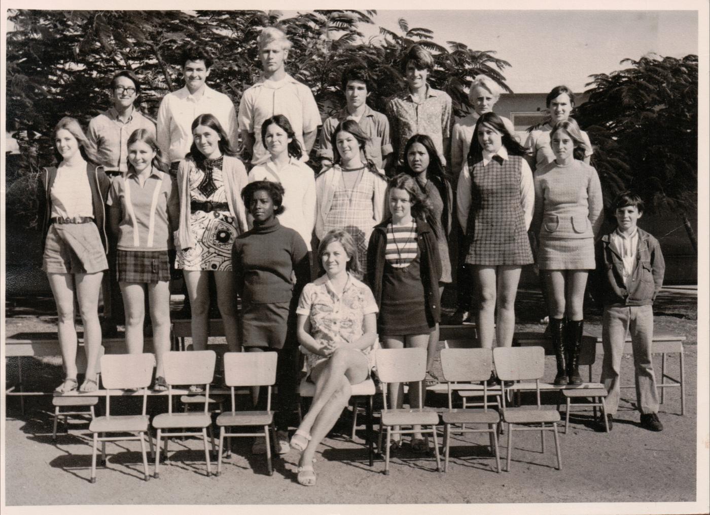 Black and white photograph of a class of highschool students, circa early 1970s