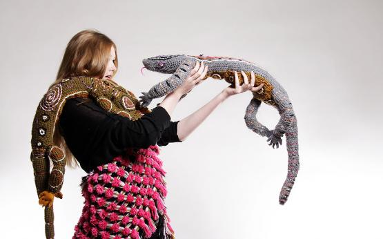 Flat Out Like a Lizard Drinking & Bungarra Stole, 2010 by Ruby McIntosh  +  Megascarf, 2010 by Roy Merritt Model: Sarah Pauley @ Viviens Model Management. Photo copyright of WA Museum Photo by Penny Lane