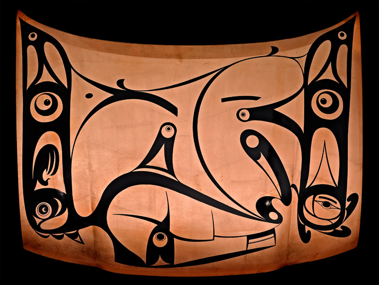 A Copper car bonnet painted with stylised animal/bird characters