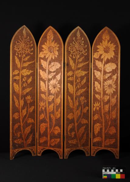 SCREEN, pokerwork, four panelled, floral design