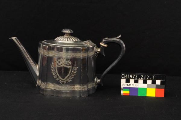 a) TEAPOT
b) JUG, Hot Water
c) BASIN, Sugar
d) -4- EGG CUPS, in stand, with -3- spoons
e) BUTTER DISH, with cover, knife & glass dish
f) MUSTARD POT
g) CAKE PLATE