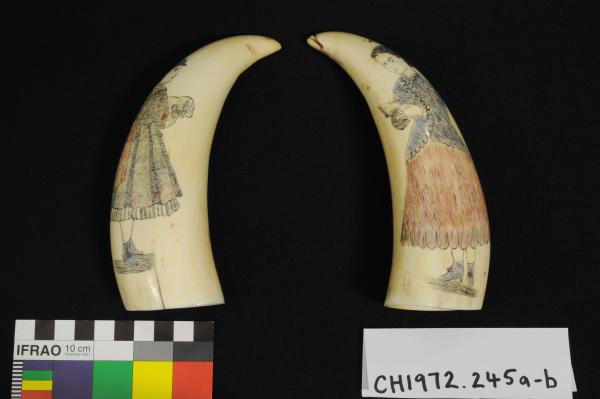 SCRIMSHAW, x2, sperm whale teeth, c1870s