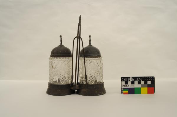 CRUET SET, pickle, metal & glass