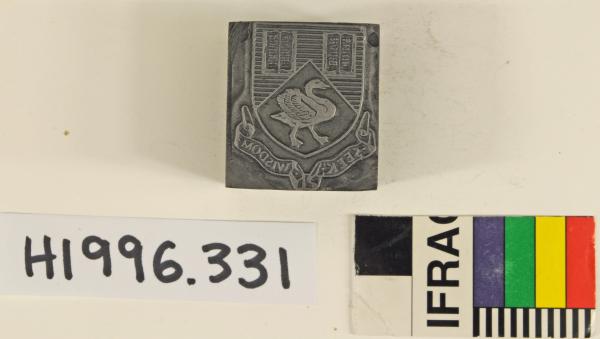 PRINTING BLOCK, U.W.A. coat of arms, metal