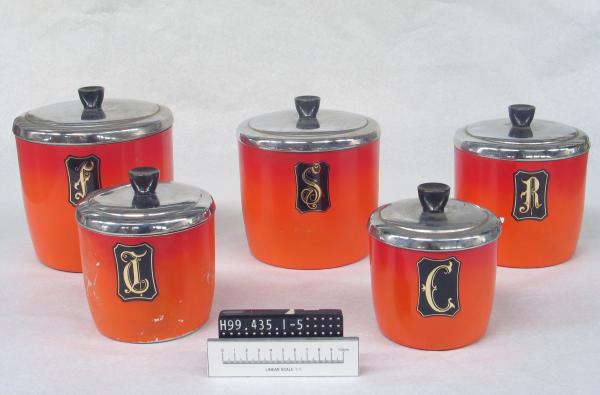 CANISTERS, kitchen, set of 5, graded orange/red aluminum, 'DUCHESS'