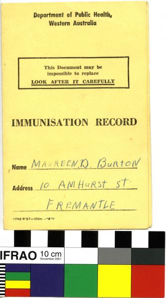 IMMUNISATION RECORD CARD, Department of Public Health, Maureen Burton