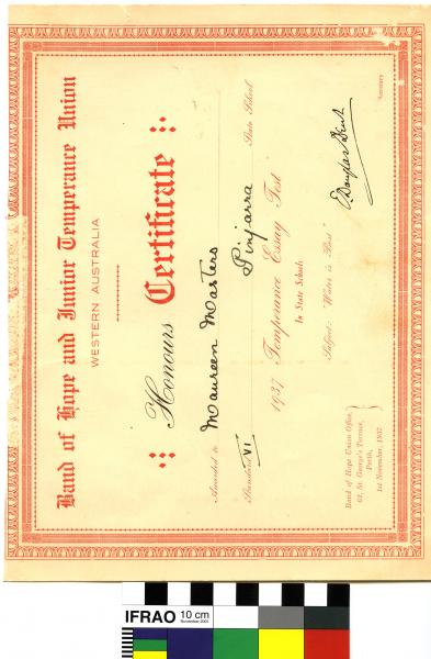 CERTIFICATE, Band of Hope and Junior Temperance Union