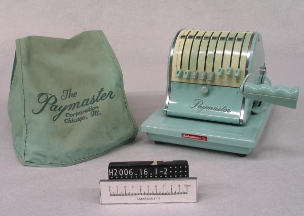 CHEQUE WRITER, 'Paymaster' S-1000, mint green, with dust cover