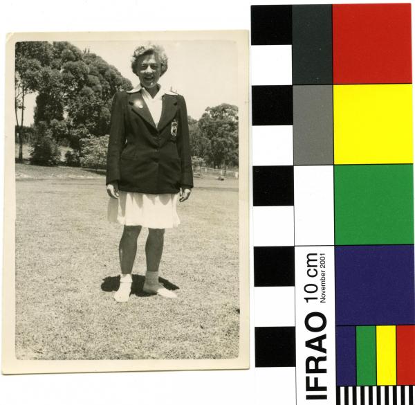 PHOTOGRAPH, Black & white print, Marie McDonough in women’s cricket uniform, 1951/52