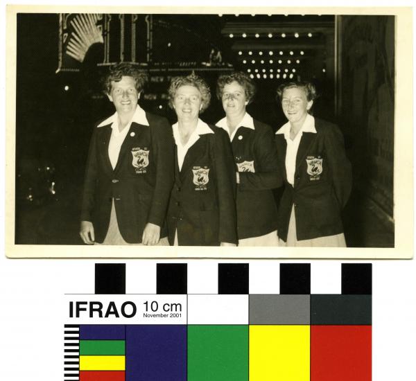 PHOTOGRAPH, Black & white print, four Western Australian Women’s Cricket Team members, 1952/53