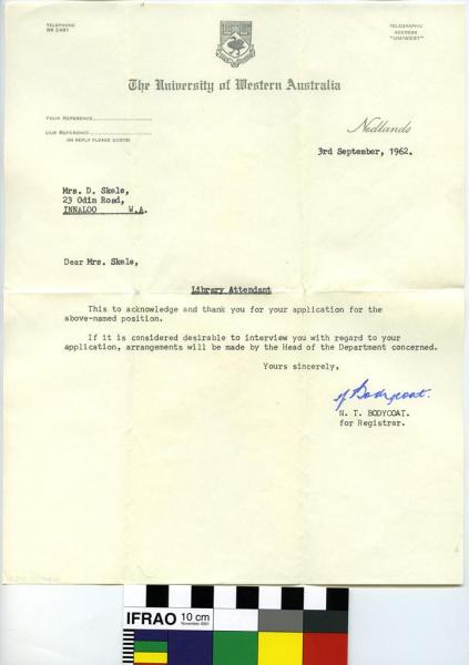 LETTER, University of Western Australia, 3 September 1962, with envelope