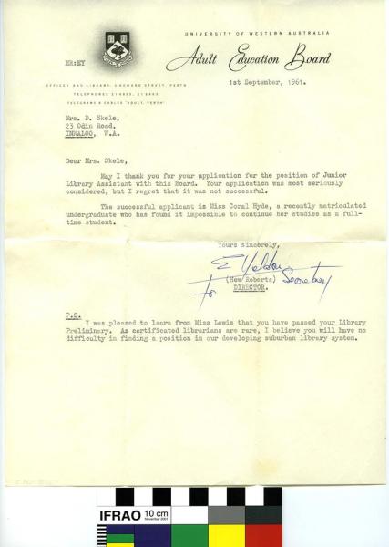 LETTER ,Adult Education Board, 1 September 1961, with envelope
