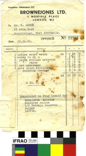 INVOICE, BrowneJones Ltd., London #21503, 12 November 1959, with receipt attached.