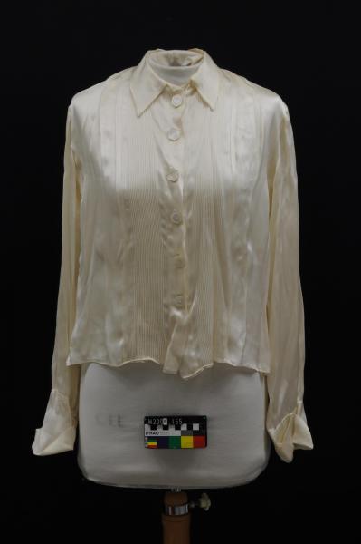 BLOUSE, cream, satin, long-sleeved, tuck pleats