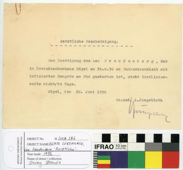 DEATH CERTIFICATE, Leo Freudenberg, ‘Aerztliche...’