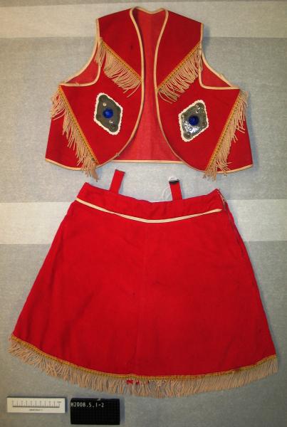 COWGIRL COSTUME, Red corduroy, waistcoat & skirt