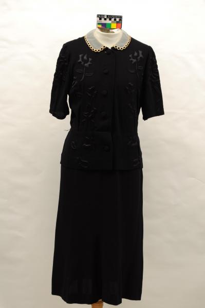 DRESS, black, crepe, floral applique