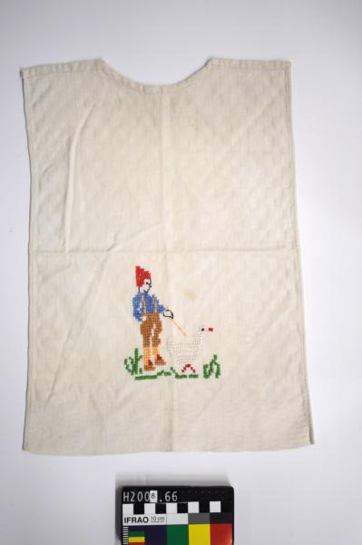 BIB, rectangular' cream cotton, embroidered boy and duck motif