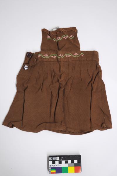 PINAFORE, Child's, embroidered brown linen, hand-made?,  straps not extant