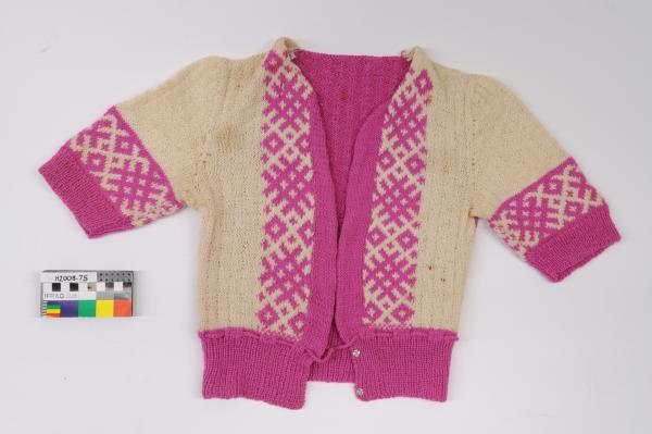 CARDIGAN, cream and pink woollen, hand-knitted